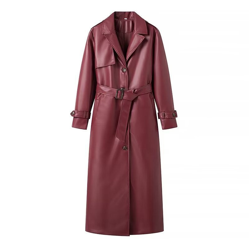 Damen Kunstleder-Trenchcoat mit taillierbarem Gürtel und schickem Kragen EB