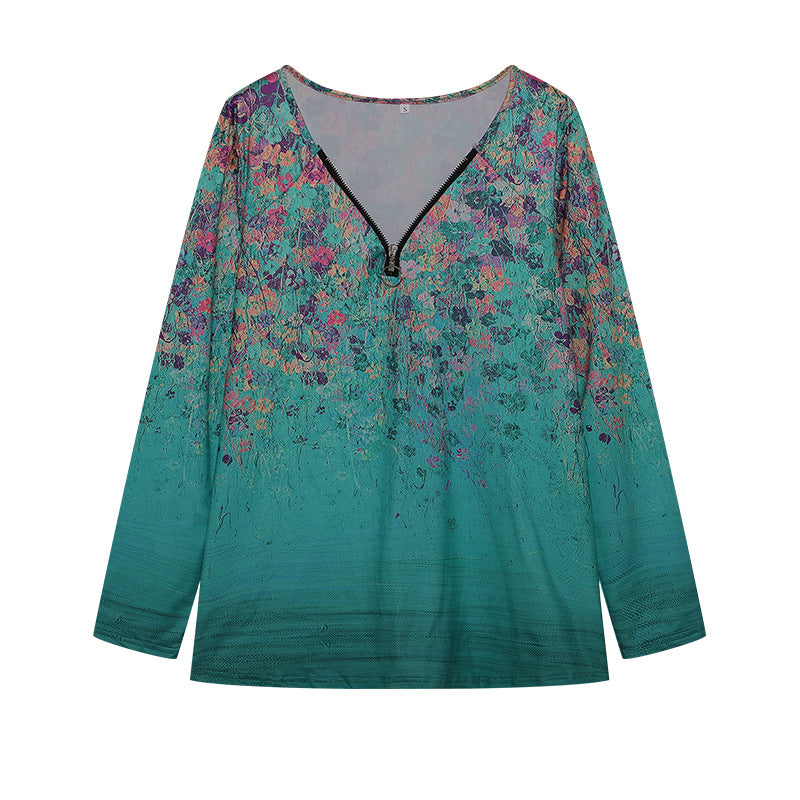 Damen Langarmshirt mit farbenfrohem Blütenmuster und modernem Zipper EB