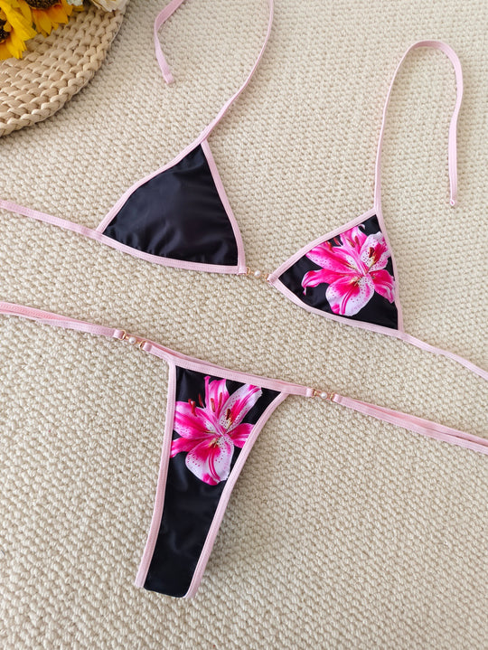 Damen Triangel-Bikini mit floralen Akzenten und verstellbaren Bändern EB
