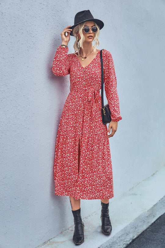 Damen Maxikleid mit elastischem Taillenbund und floralen Mustern EB