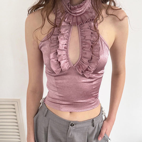 Damen elegantes Top mit rüschendem Stehkragen und tiefem Ausschnitt EB