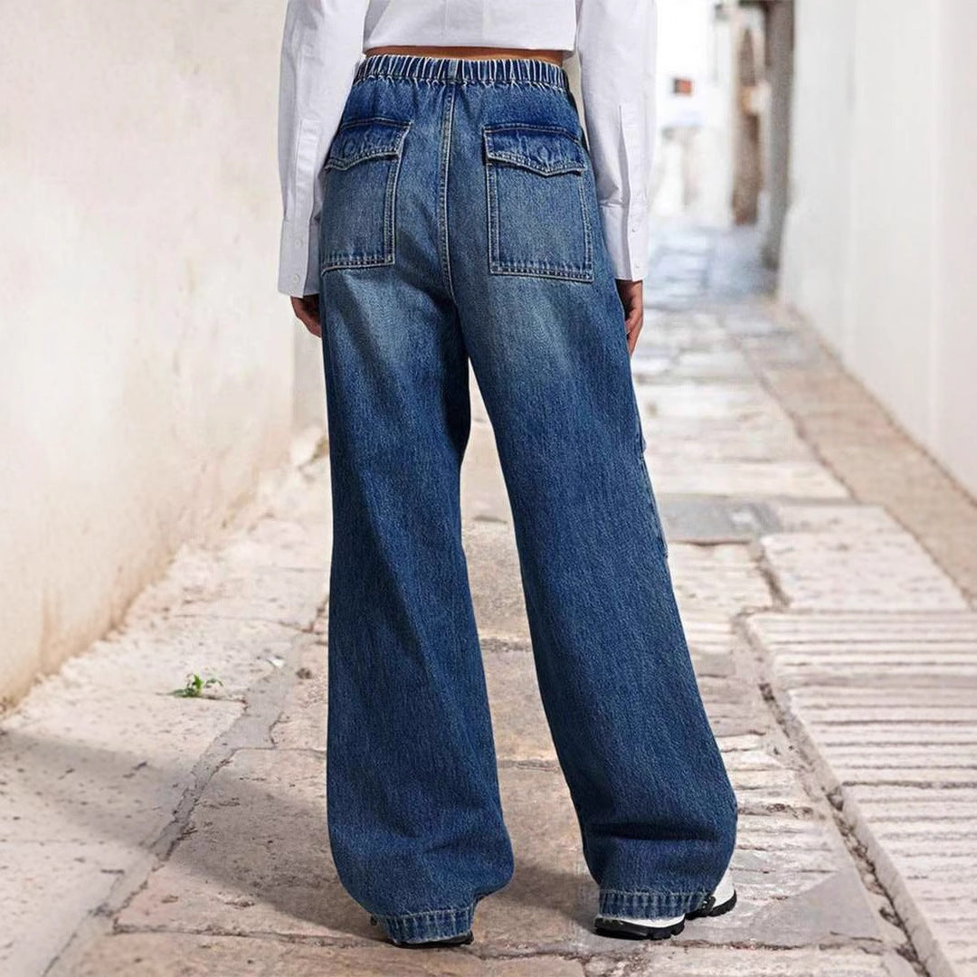 Damen weite Denim-Hose mit elastischem Bund und lässigem Design EB