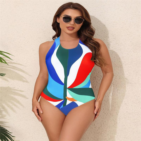 Damen Einteiliger Badeanzug mit buntem geometrischen Muster und hohem Beinausschnitt EB
