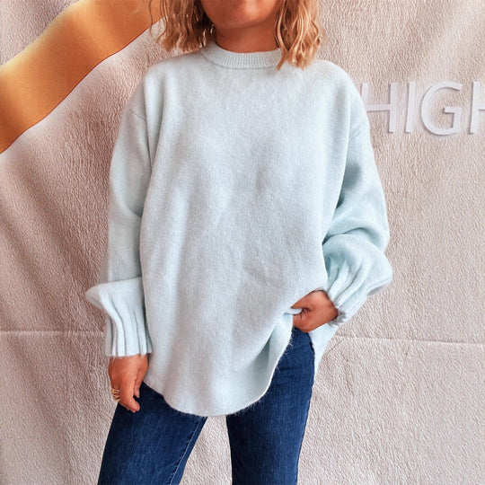 Damen lässiger Strickpullover mit weitem Rundhalsausschnitt und fluffiger Textur EB