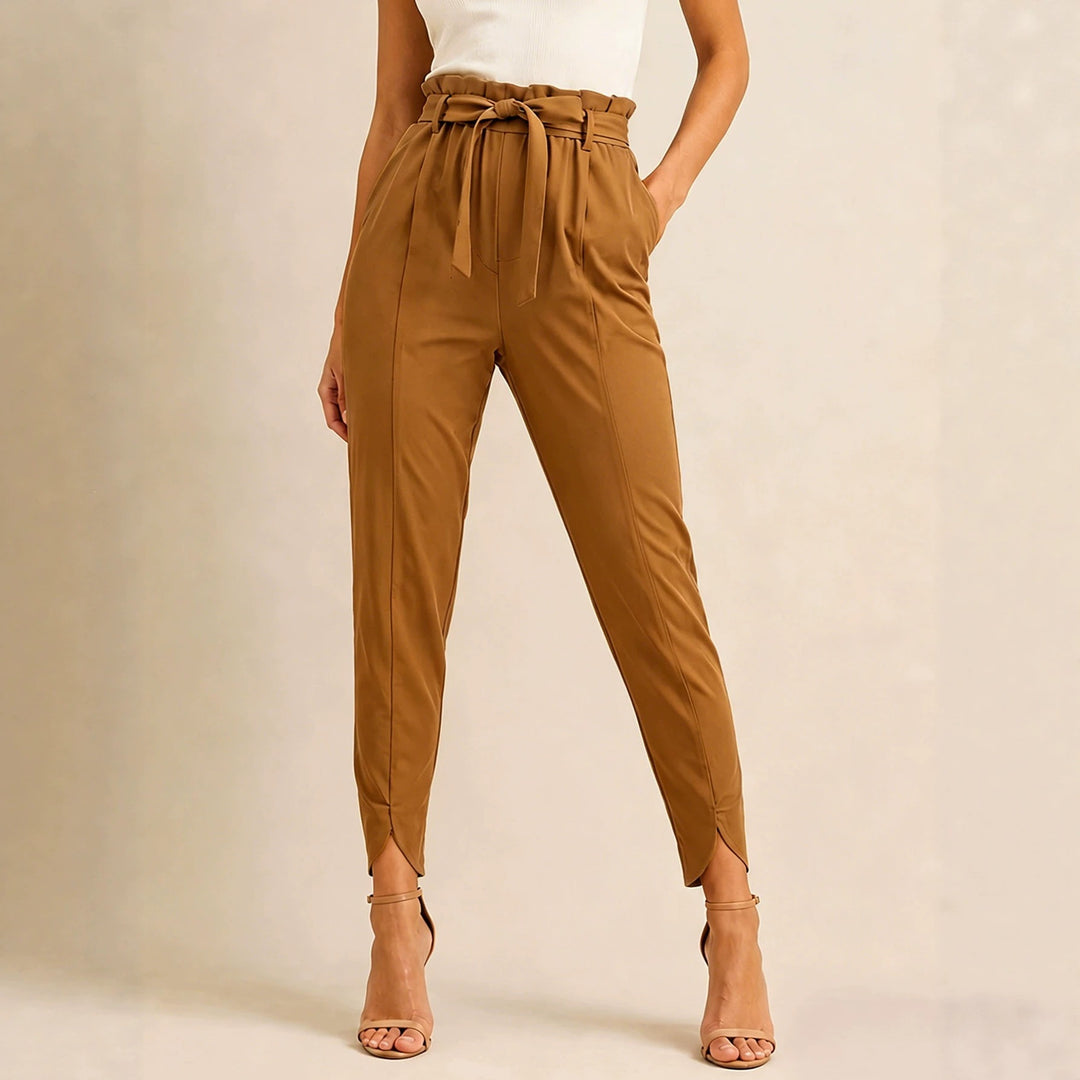Damen nan hoch taillierte Paperbag-Hose mit Bindegürtel und geschlitztem Knöchelabschluss EB