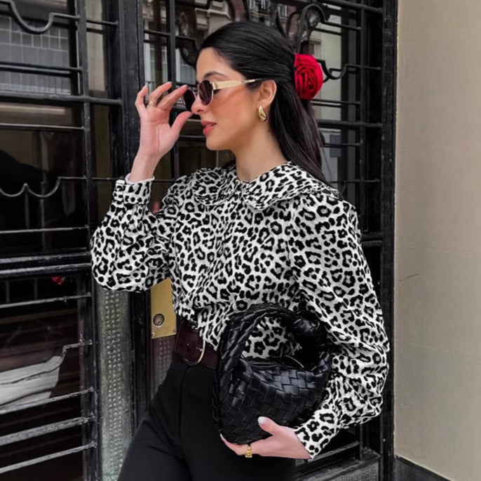 Damen Modische Bluse mit Leopardenmuster und voluminösen Ärmeln EB
