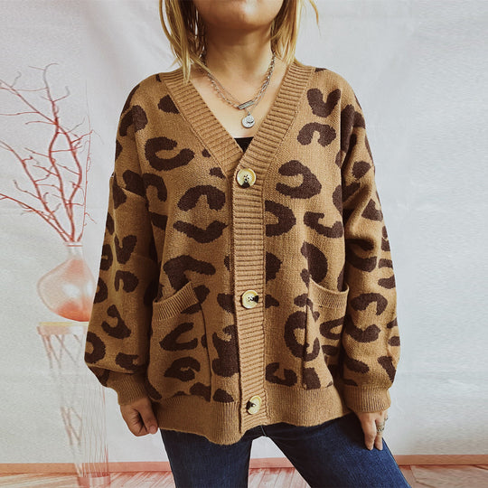 Damen grob gestrickte Cardigan mit tierischem Leopardenmuster und Knopfdetails EB