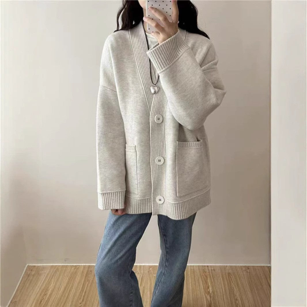 Damen Großer Strickcardigan mit tiefem V-Ausschnitt und praktischen Taschen EB