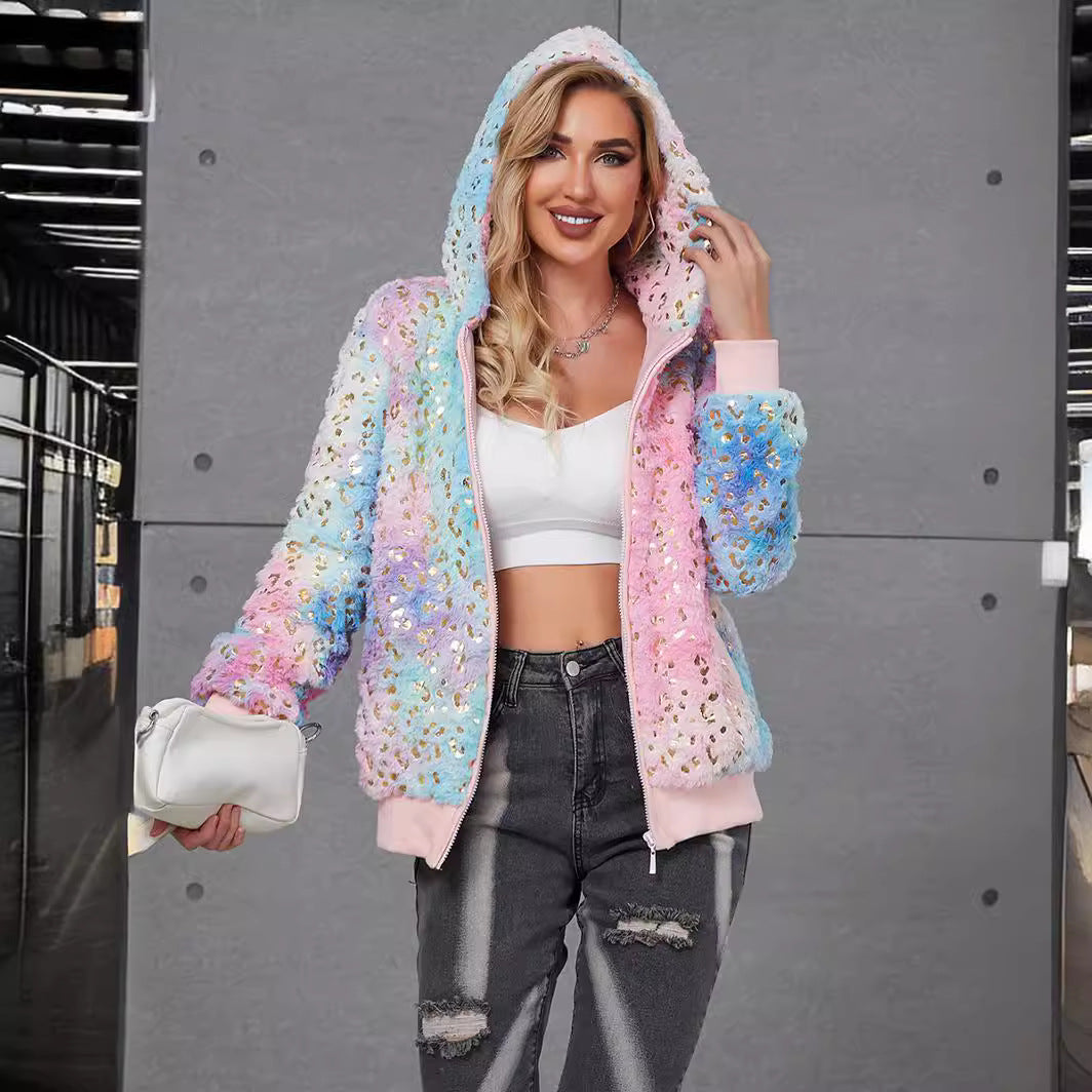 Damen Flauschige Kapuzenjacke mit glitzernden Akzenten EB