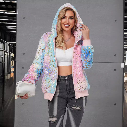 Damen Flauschige Kapuzenjacke mit glitzernden Akzenten EB