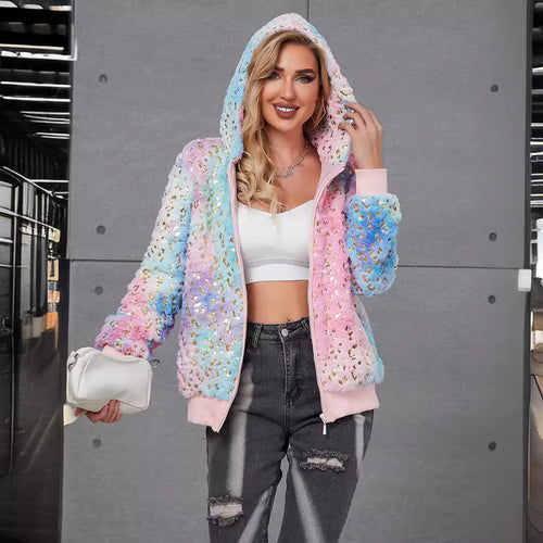 Damen Flauschige Kapuzenjacke mit glitzernden Akzenten EB