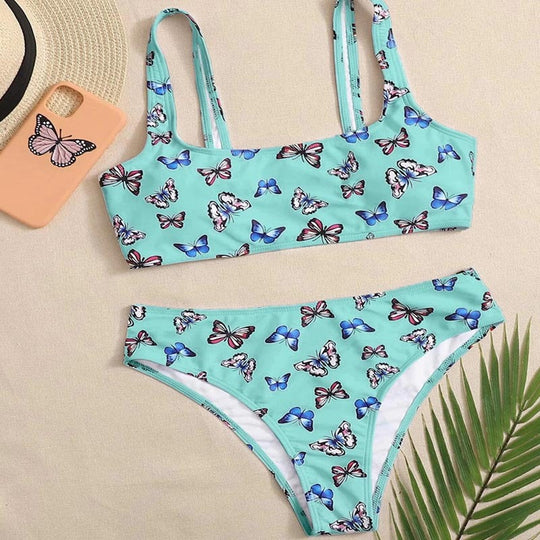 Damen Crop-Bikini-Set mit buntem Schmetterlingsdruck EB