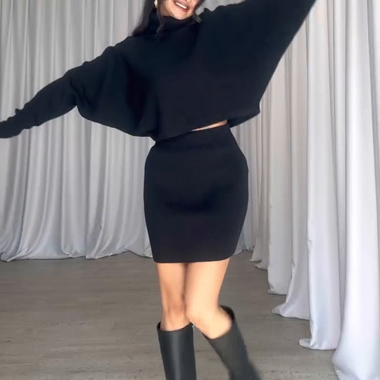 Damen Strickkleid mit lässigem Rollkragen und angeschnittenen Ärmeln EB