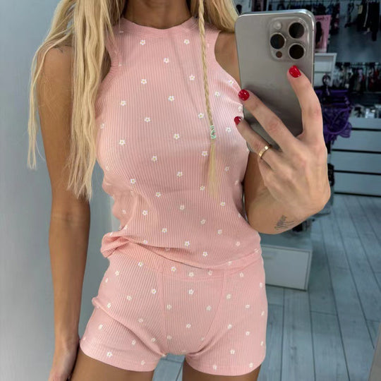 Damen lässiges Tank-Top und Shorts Set mit spielerischem Muster EB
