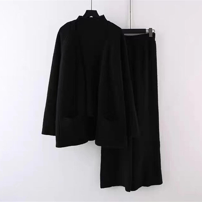 Damen kuscheliges Strickensemble mit weitem Cardigan und bequemen Hosen EB