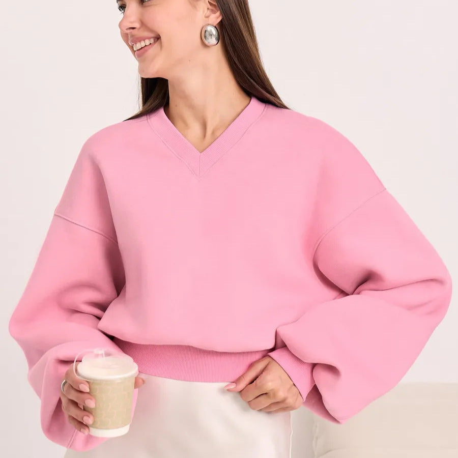 Damen Cropped V-Ausschnitt Pullover mit Ballonärmeln und Rippbund EB