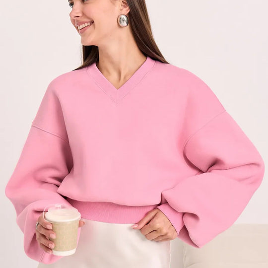 Damen Cropped V-Ausschnitt Pullover mit Ballonärmeln und Rippbund EB