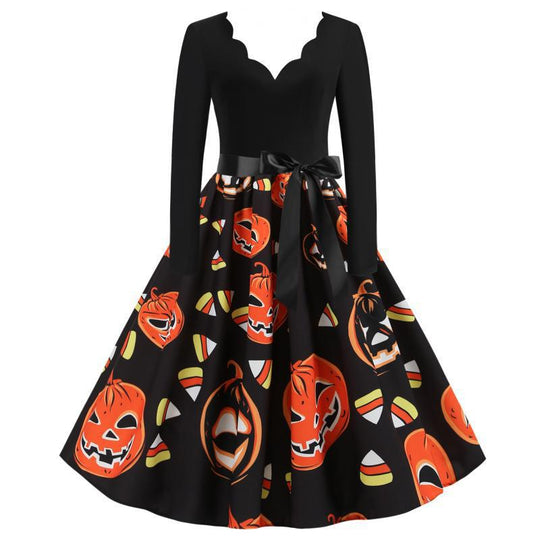 Damen Vintage A-Linien-Kleid mit gewelltem Ausschnitt, Taillenschärpe und Kürbis-Print EB