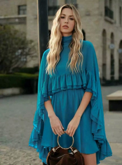 Damen Elegantes Rüschendress mit hochgeschlossenem Ausschnitt und fließendem Schnitt EB