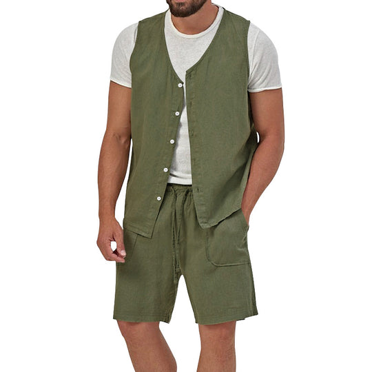 Herren nan zweiteiliges Freizeit-Set mit ärmelloser Knopfweste und weiten Kordelzug-Shorts mit aufgesetzten Taschen EB