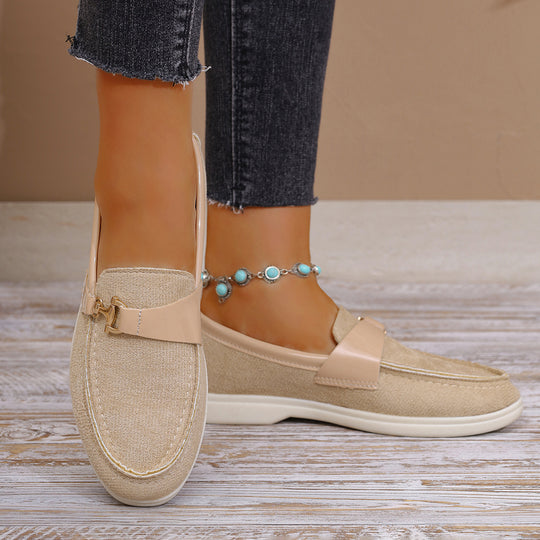 Damen elegante Veloursleder-Slipper mit dekorativer Metall-Hardware und flexibler Leichtlaufsohle EB