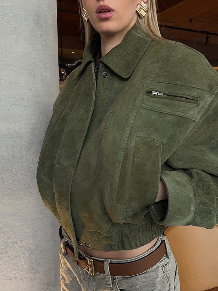 Damen Modische Wildlederjacke im cropped Stil mit praktischen Taschen EB