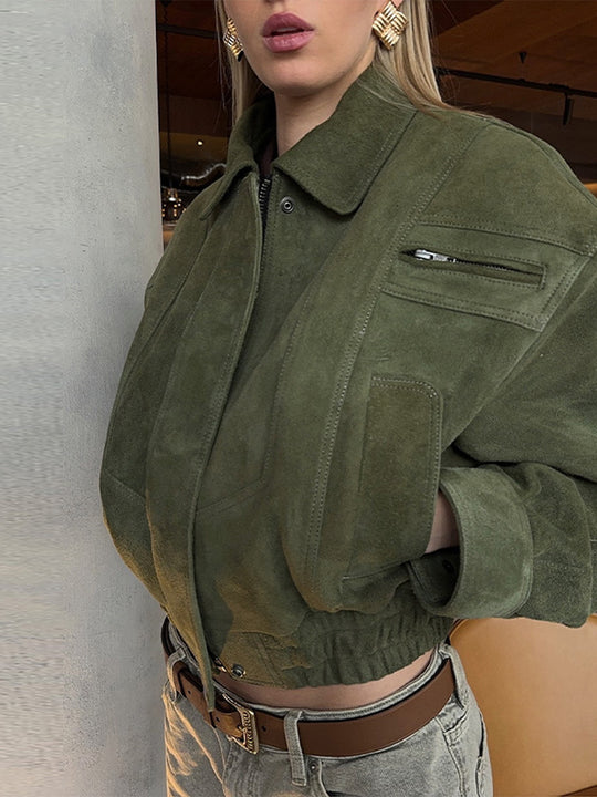 Damen Modische Wildlederjacke im cropped Stil mit praktischen Taschen EB