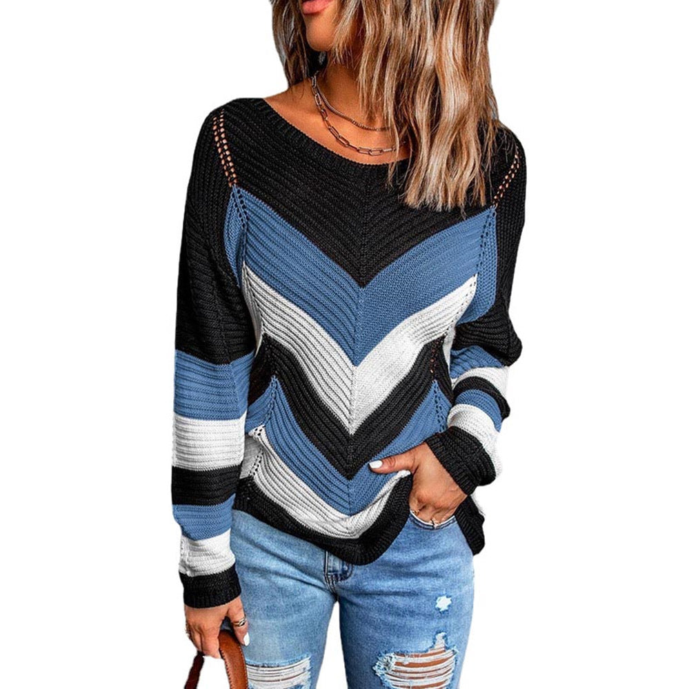 Damen Modischer Strickpullover mit Chevron-Muster und lockerer Passform EB