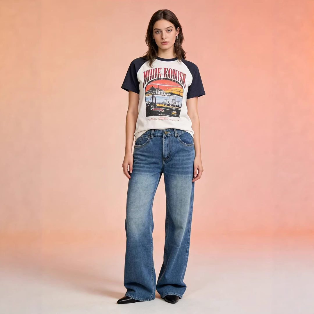 Damen nan hochgeschnittene Weitbein-Jeans mit tonaler Seitennaht und verwaschenem Verlauf EB