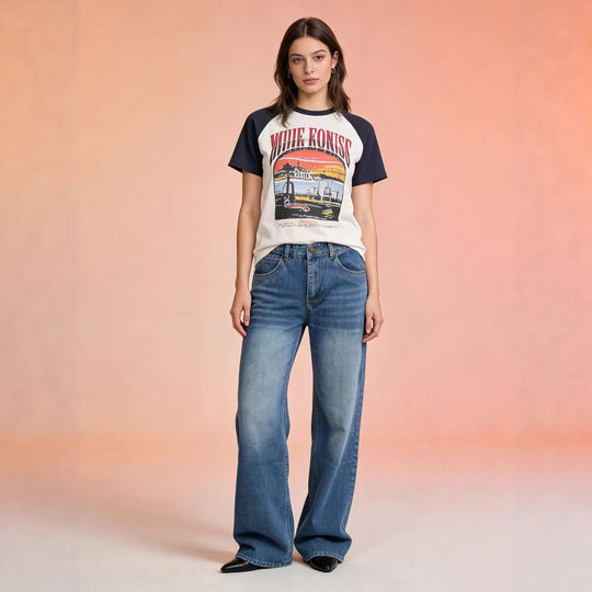 Damen nan hochgeschnittene Weitbein-Jeans mit tonaler Seitennaht und verwaschenem Verlauf EB
