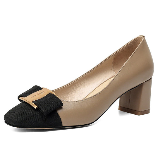 Damen nan zweifarbige Pumps mit Kontrastspitze dekorativer Schleife und mittelhohem Blockabsatz EB