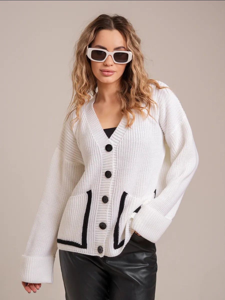 Damen Strickjacke mit großem Kragen und Taschen EB