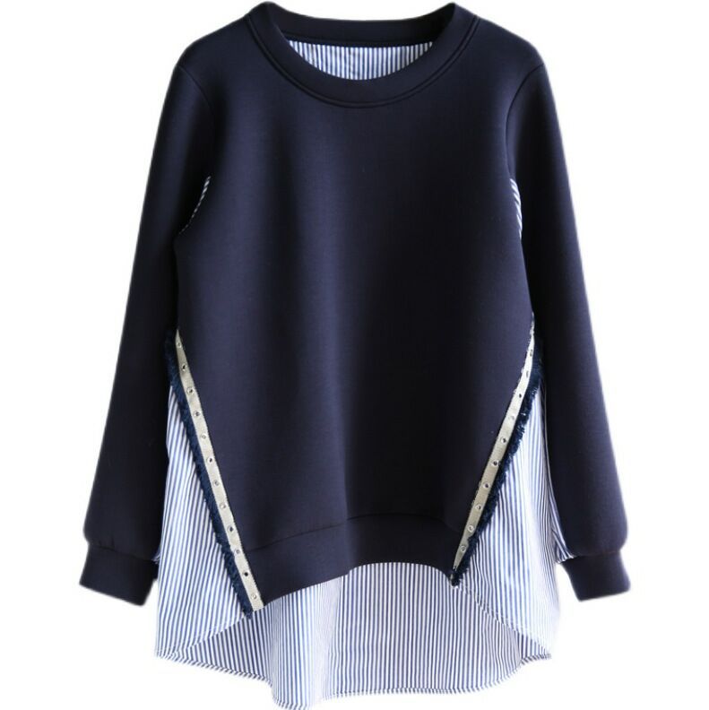 Damen nan Lagenlook-Sweatshirt mit gestreiftem Hemdsaum, Zierriegeln und verlängertem Rückteil EB