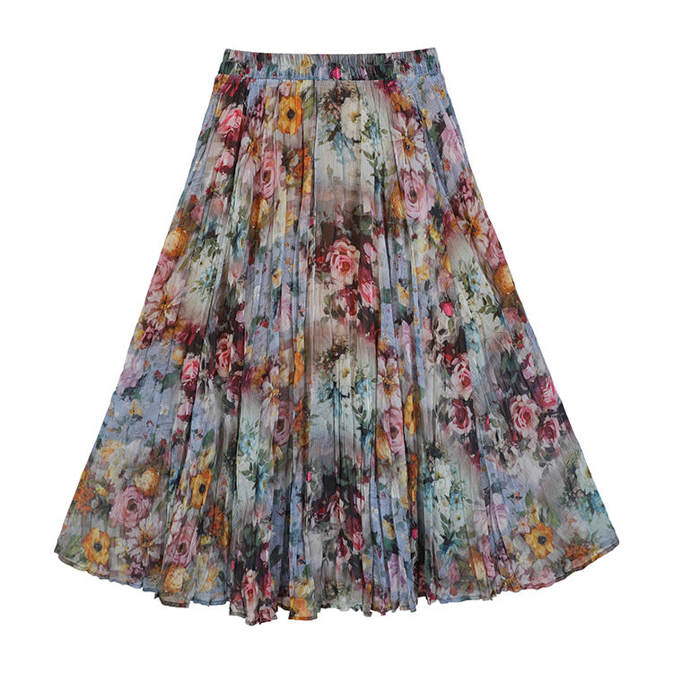 Damen  fein gefalteter Midirock mit Vintage Blumenprint und elastischem Taillenbund EB