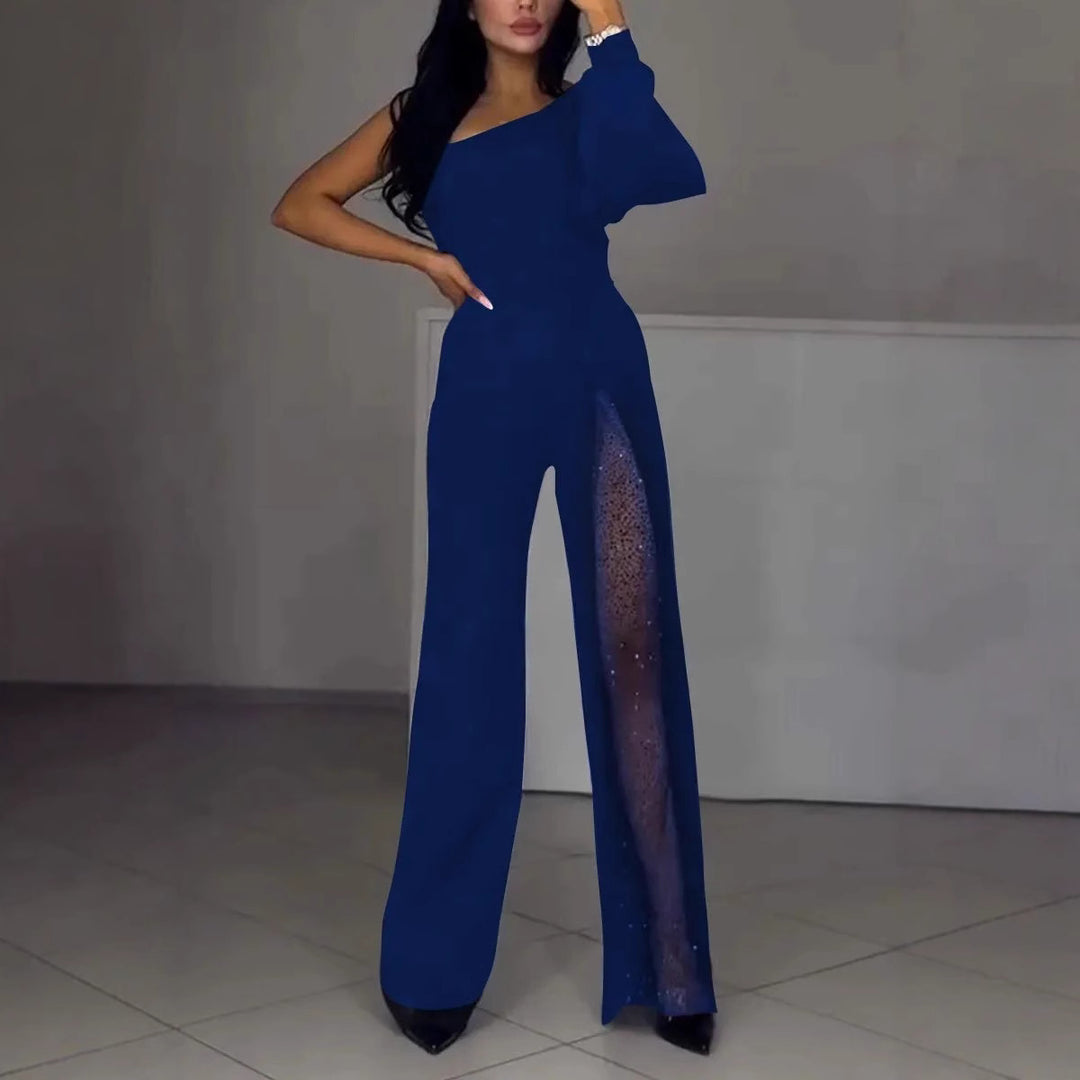 Damen Eleganter Jumpsuit mit transparenten Einsätzen und Pailletten EB
