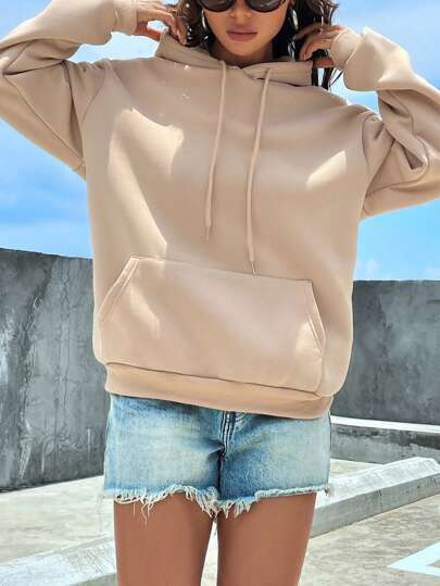 Damen nan cropped Oversize-Hoodie mit tiefer Schulterpartie, Kängurutasche und fleecegefüttertem Innenleben EB