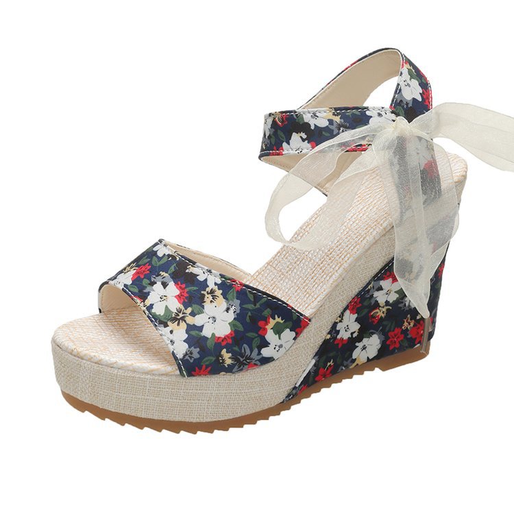 Damen Wedge-Sandalen mit floralem Design und hübschem Schleifenverschluss EB