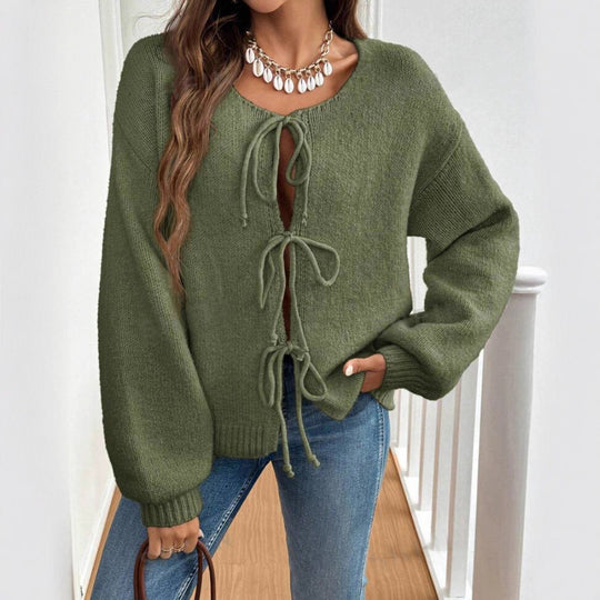 Damen Strickpullover mit dekorativem Schnürdesign und lässigen Ballonärmeln EB