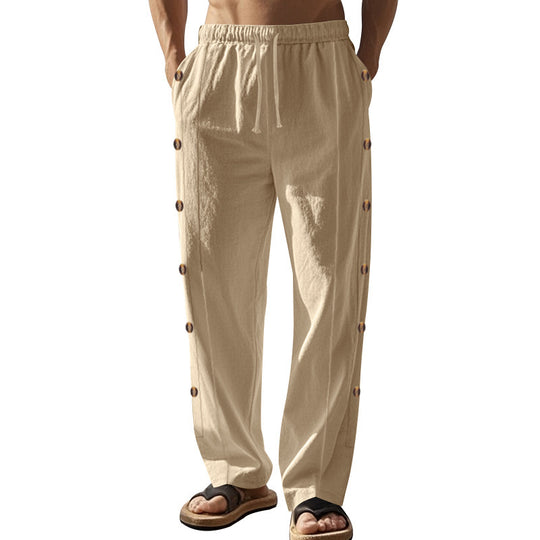 Herren nan entspannte Leinen-Relaxhose mit seitlicher Knopfleiste elastischem Bund und Eingrifftaschen EB