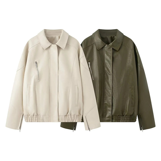 Damen modische Kunstlederjacke mit elastischem Saum und praktischen Taschen EB