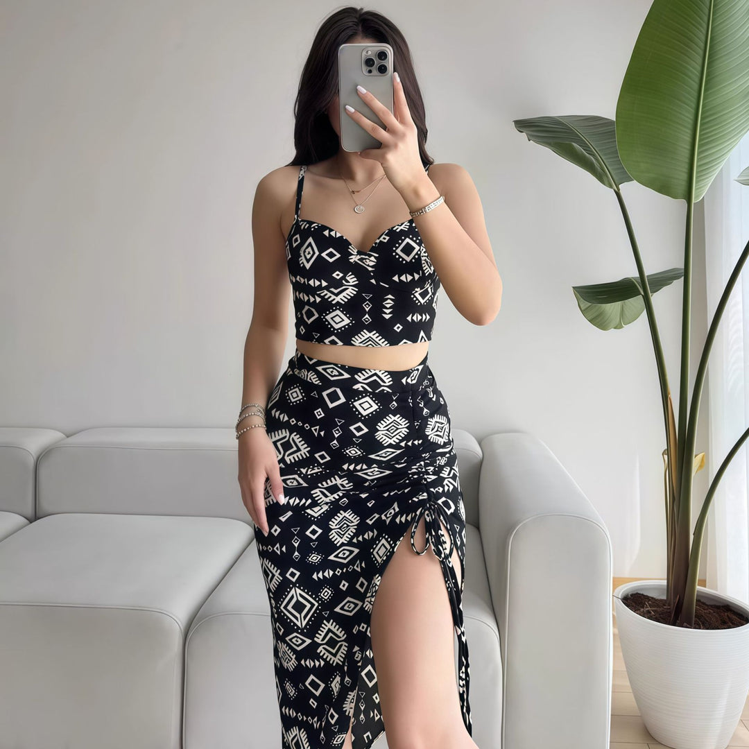 Damen Set aus Crop-Top und Knielangem Rock mit Raffungen EB