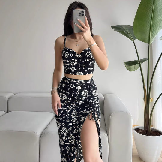 Damen Set aus Crop-Top und Knielangem Rock mit Raffungen EB