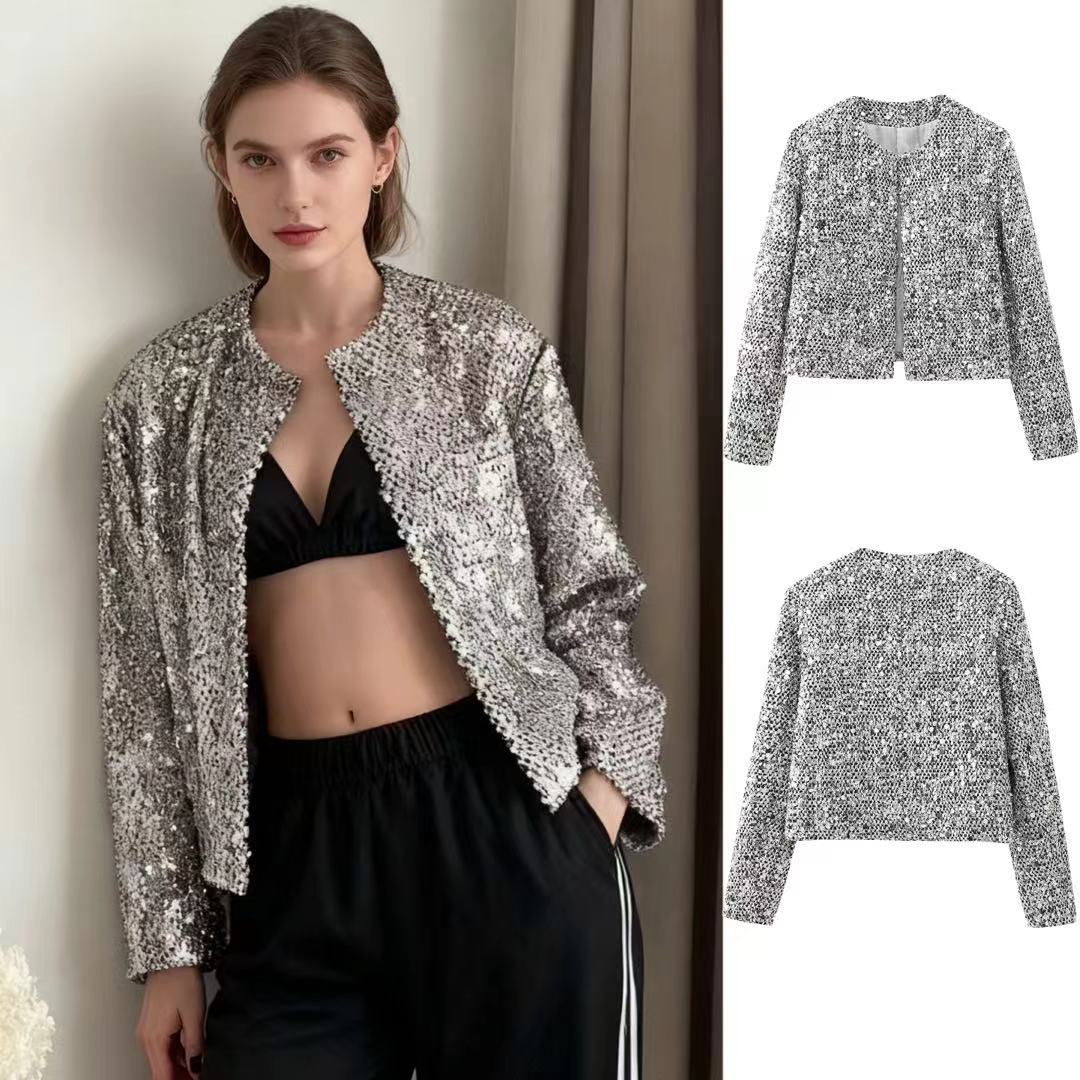 Damen nan gefütterte Bouclé-Kurzjacke mit Paillettenbesatz, Rundhalsausschnitt und offener Front EB