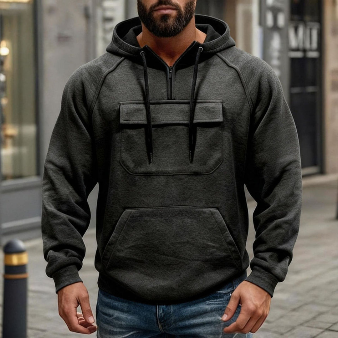 Herren nan funktionaler Kapuzenpullover mit halbem Frontreißverschluss, aufgesetzter Fronttasche mit Klappe und Kängurutasche EB