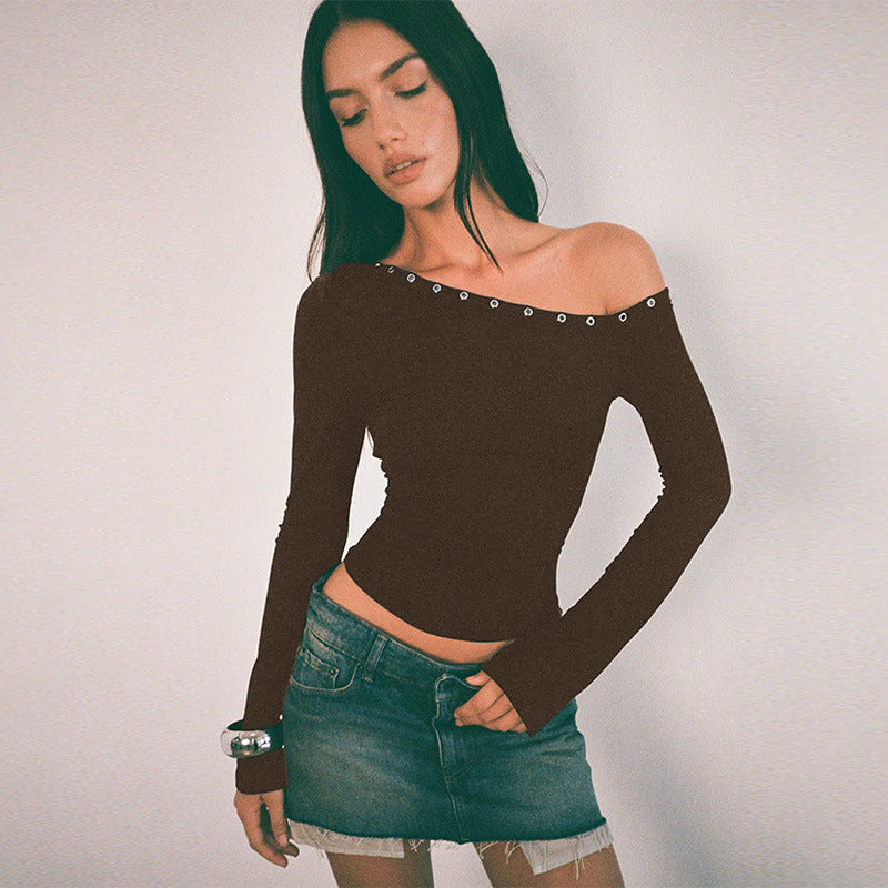 Damen Off-Shoulder Oberteil mit modischen Knöpfen und figurbetontem Schnitt EB