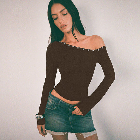 Damen Off-Shoulder Oberteil mit modischen Knöpfen und figurbetontem Schnitt EB
