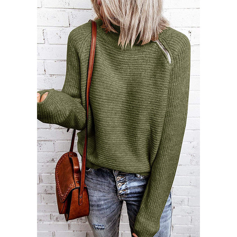 Damen lässiger Strickpullover mit hochgeschlossenem Kragen und dekorativen Nähten EB