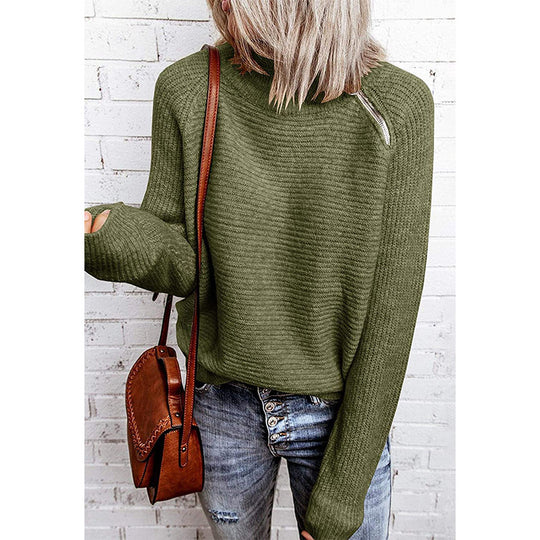 Damen lässiger Strickpullover mit hochgeschlossenem Kragen und dekorativen Nähten EB
