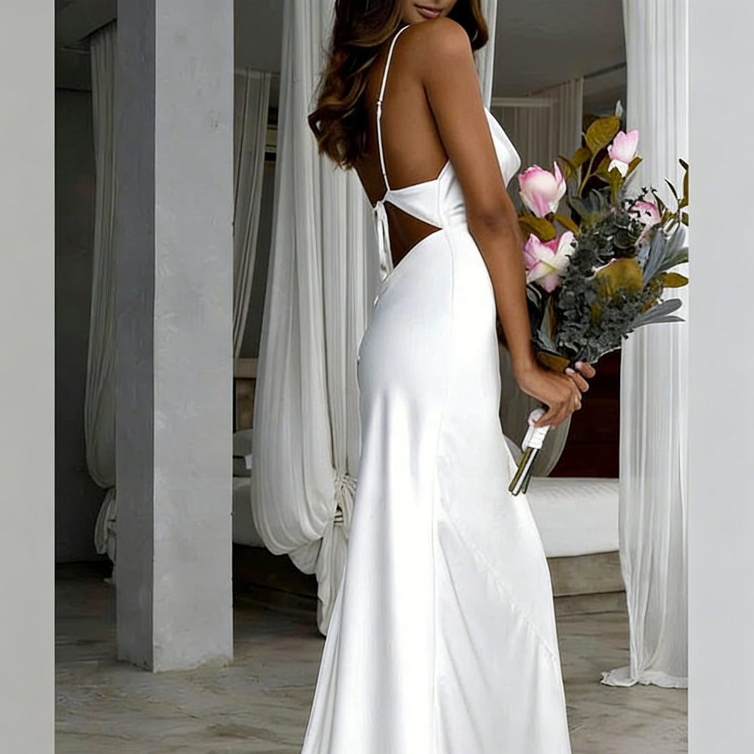 Damen Elegantes Satin-Hochzeitskleid mit tiefem V-Ausschnitt und schmalen Spaghettiträgern EB