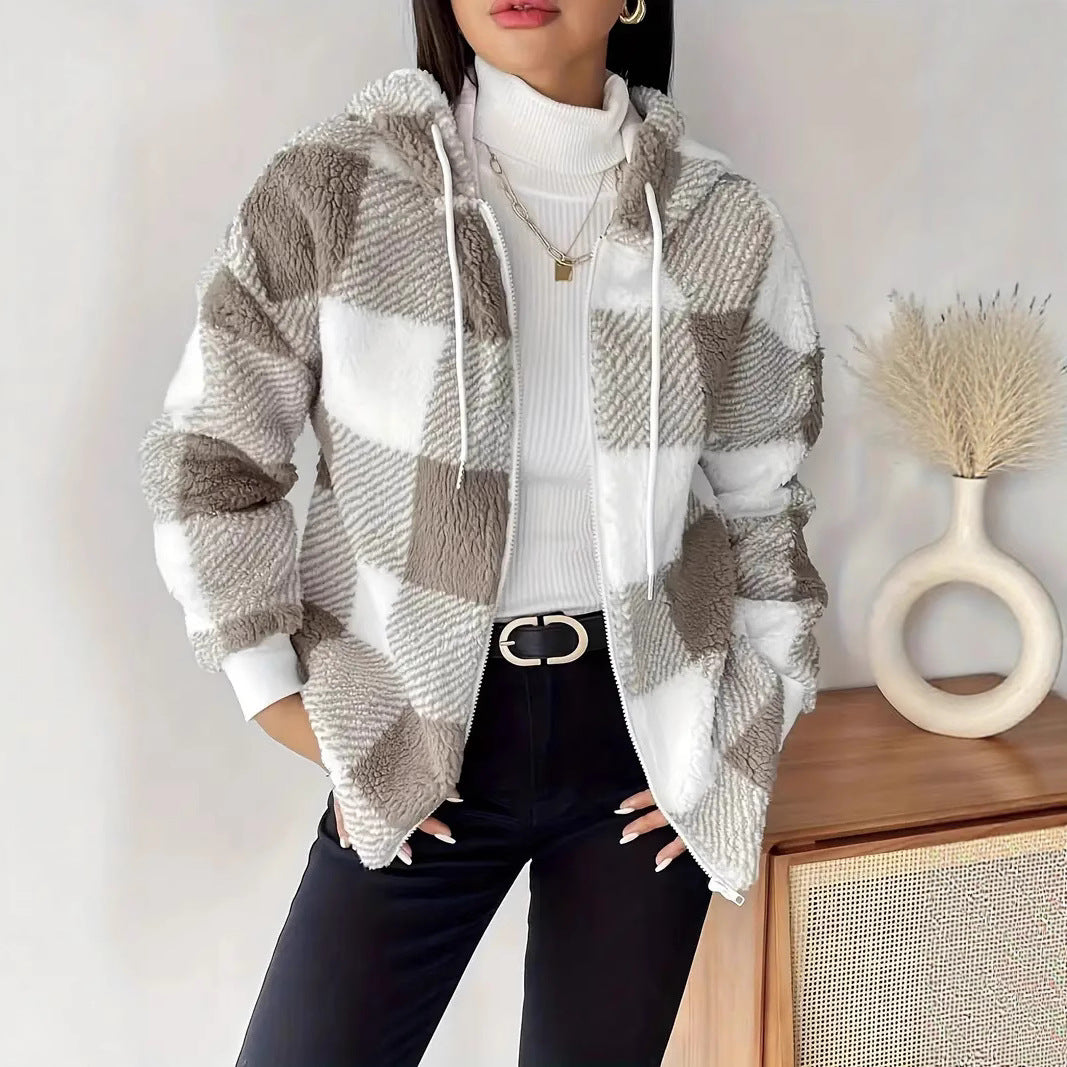 Damen Kuschelige Kapuzenjacke im Karodesign EB